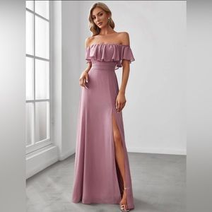 Flounce off the shoulder split prom dress
